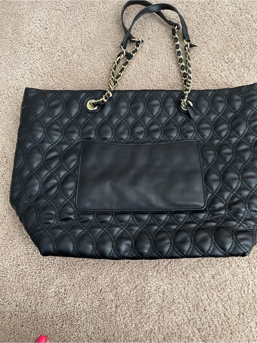 C. Wonder Quilted Black Tote with Gold Chain Handles